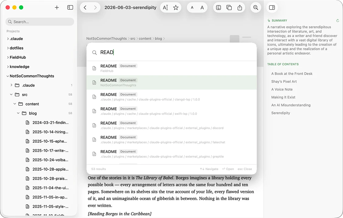 The ML-42 command palette listing README files from several projects after typing READ.