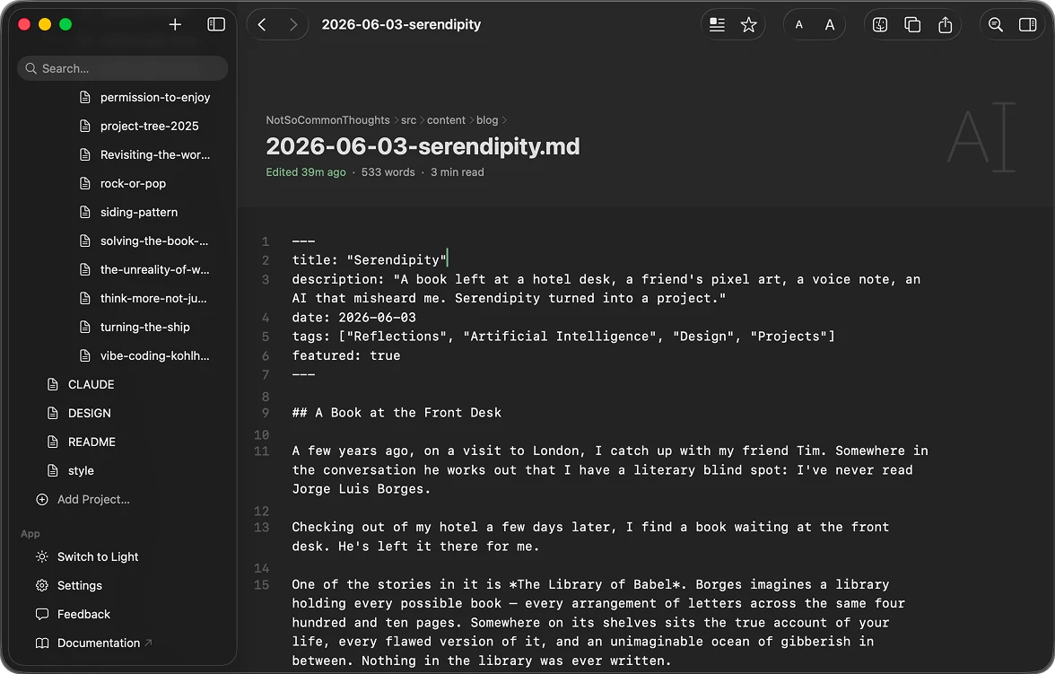 The same markdown file in ML-42 in dark mode.