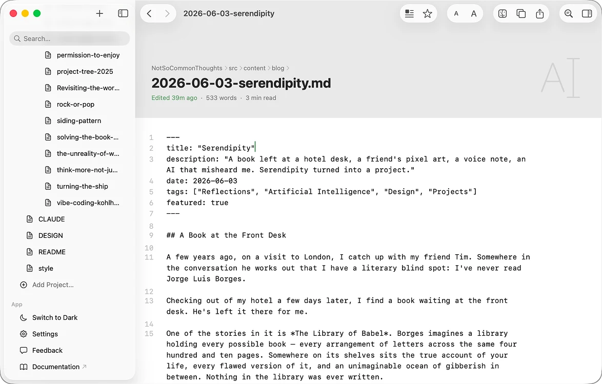 ML-42 showing a markdown document with front matter and line numbers.