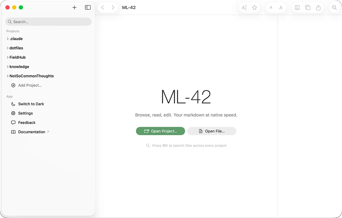 A new ML-42 window before any folder is added, with the ML-42 wordmark and buttons to open a project or a file.