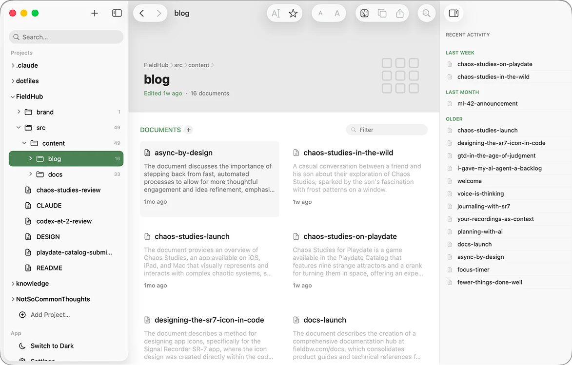 ML-42 folder overview showing blog posts as cards, each with a one-sentence summary and a date, and recent activity in the inspector.